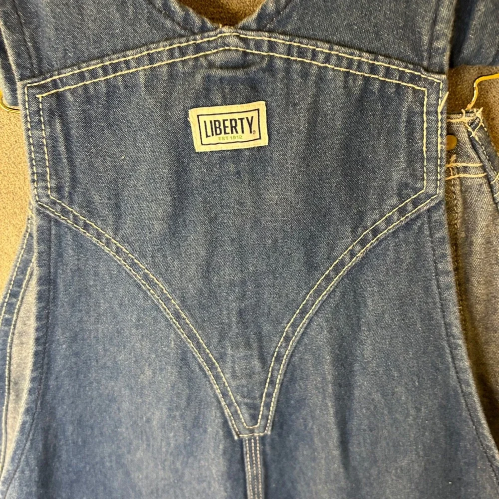 Liberty Mens 32W Blue Denim Bib Overalls Green Zipper Workwear Carpenter Pants